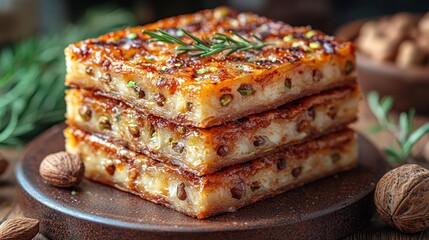 Stacked square desserts, topped with sprigs and nuts, served on a rustic, round plate