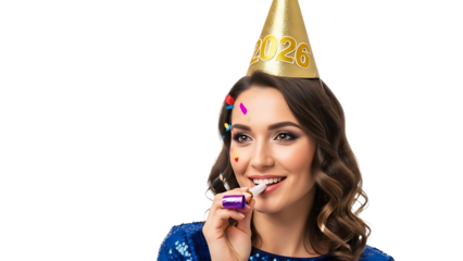 A young woman celebrating a New Year's Eve party with a gold hat on transparent background