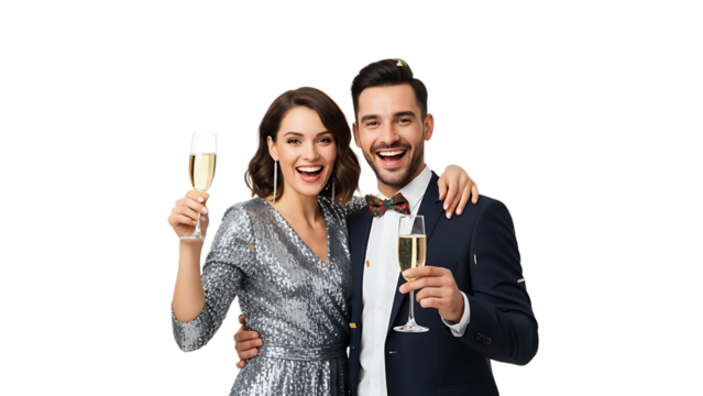 A happy couple celebrating a special occasion with champagne on transparent background - Powered by Adobe