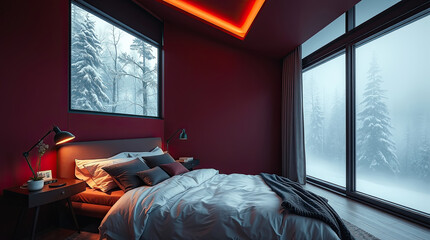 Cozy modern bedroom with a large window and snowy winter trees outside.