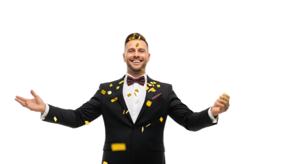 A man in a tuxedo celebrating with confetti on transparent background