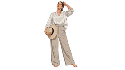 Naklejka premium Stylish woman in casual outfit holding a straw hat and looking thoughtfully while standing against
