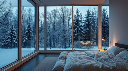 Cozy modern bedroom with a large window and snowy winter trees outside.
