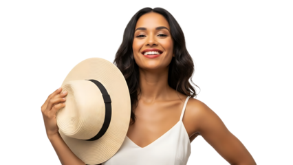 A smiling woman holding a straw hat on a transparent background