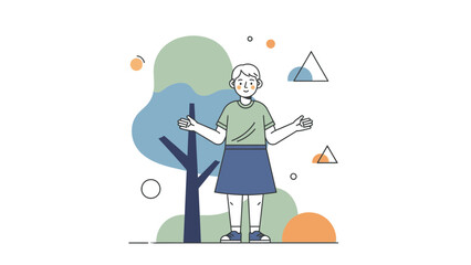 Fototapeta premium Minimalist Illustration of a Child Standing near a Tree with Geometric Shapes and Abstract Elements
