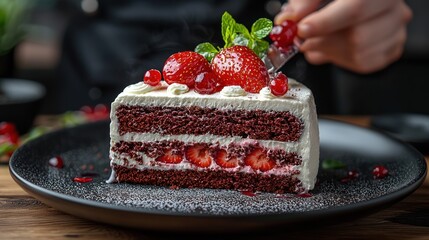 Slice of layered cake with strawberries, mint, & berries. Plated, hand garnishing, wooden table