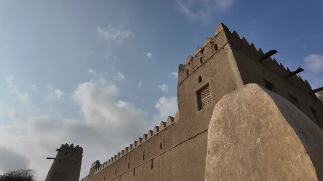 time lapse Of The  Historic Al Jahlil Fort in Al Ain, showcasing mudbrick architecture, cultural heritage, and galleries highlighting the region&rsquo;s history. 