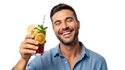 A smiling man holding a refreshing summer cocktail on transparent background
