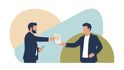 Obraz premium Professional Business Meeting with Document Exchange Between Two Men in Formal Attire