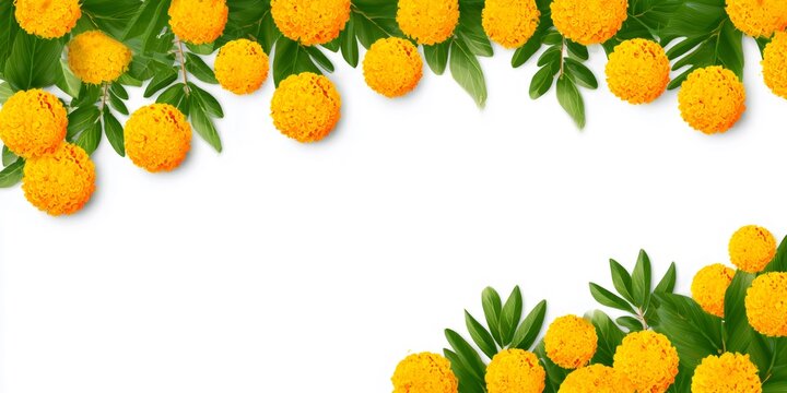 Orange marigold flower and green leaf with elegant border. Floral frame for greeting card, holiday invitation, wedding or festival banner.