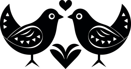 Flat Vector Illustration of Two Stylized Folk Art Birds with Decorative Patterns and Symbols