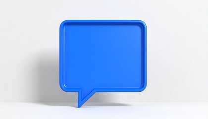 Blue rectangular speech bubble icon with pointed tail on white background, symbolizing messaging and dialogue.