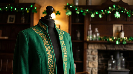 Obraz premium Green jacket on mannequin with celtic embroidery, celebrating st. Patrick's day in a traditional setting