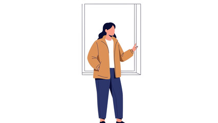 Minimalist Illustration of a Woman Standing Near a Window with Casual Attire