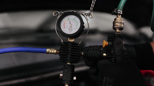 Operating a vacuum gauge tool in hand while testing automotive radiator and cooling systems. Manifold gauge set for diagnostic and refilling car air conditioners
