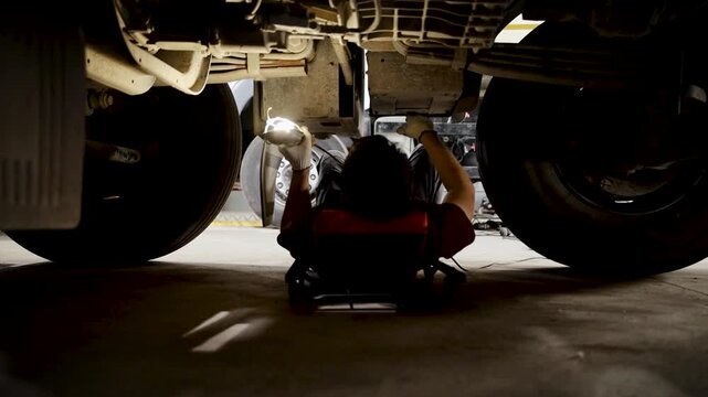Mechanic lying on a creeper, illuminating and inspecting the underside of a large commercial truck for repair and service