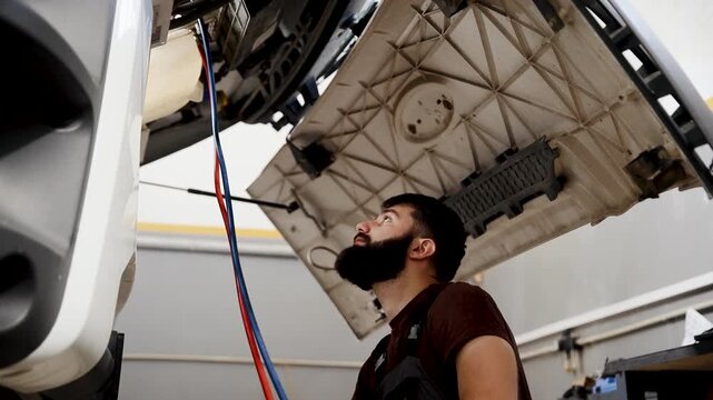 Mechanic working on a truck, connecting hoses for diagnostics and repair refrigeration system, ensuring proper vehicle maintenance and service. Car air conditioner refilling