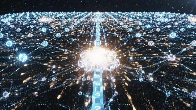 Glowing blue network connections spreading across a dark background, pulsing