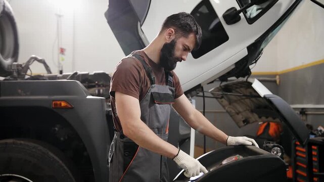 Professional mechanic performing diagnostic checks and servicing a heavy-duty truck using specialized equipment in an auto repair workshop