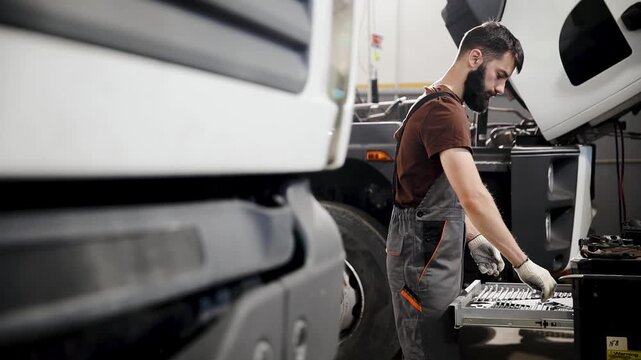 Male mechanic carefully choosing wrenches from an open toolbox, preparing for heavy vehicle inspection and servicing in a garage
