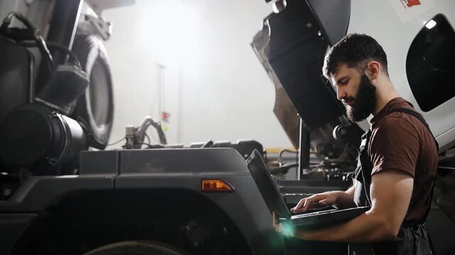 Male mechanic using a laptop for truck diagnostics and engine inspection in a garage, ensuring vehicle service
