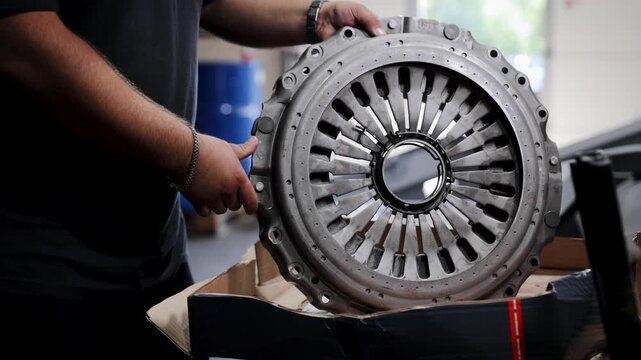 Mechanic holding vehicle clutch pressure plate emphasizing auto repair, maintenance, and replacement of car parts