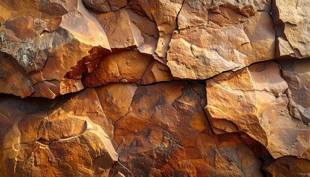 Close-up of rugged reddish-brown rock wall with jagged angular stones tightly packed together.