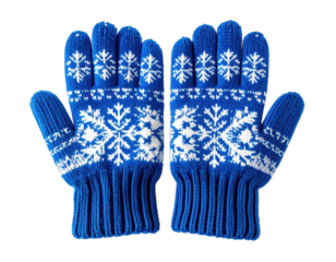 Pair of bright blue knitted winter gloves with white snowflake patterns on a transparent background