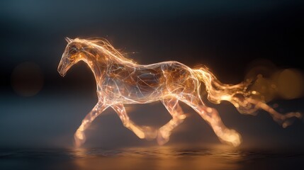Shiny chrome-like red horse in motion with bright neon glows. Dramatic mood suggests strength and dynamic momentum.