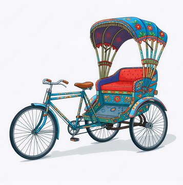 ​Authentic Hand-Painted Rickshaw Illustration with Traditional Folk Art Patterns on White Background