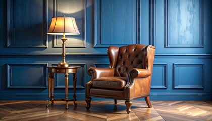 Classic brown leather armchair with tufted upholstery beside brass floor lamp in elegant interior.