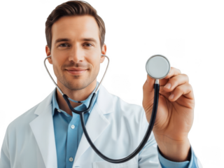 Doctor holding stethoscope isolated on transparent background