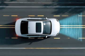 Top view showing a white car on a multilane road with digital features highlighting its advanced technology and position during daytime driving