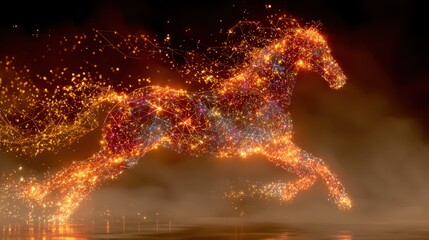 Stylized metallic red horse figure galloping through glowing light trails. Power, speed and majestic energy.