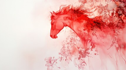 Semi-abstract watercolor painting of a bright red horse with textured brushstrokes. The bold palette conveys energy and untamed spirit.