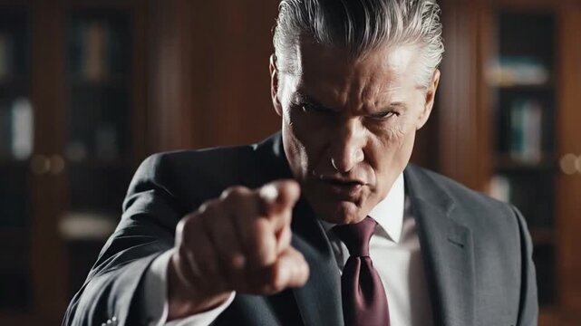 Man pointing his finger with an angry expression indoors with strong lighting wearing a suit