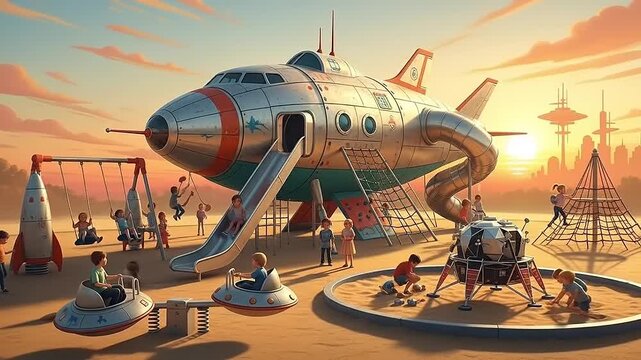 Retro futuristic playground with spaceship slide and children playing.