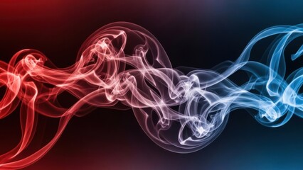 Red and blue smoke streams intertwining in a dynamic abstract wave pattern against a dark background.