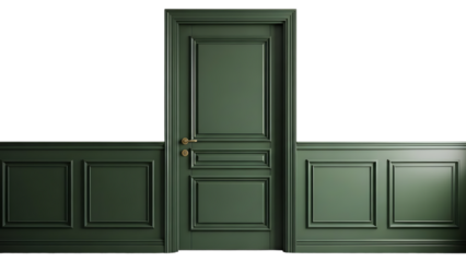 A dark green wooden door isolated on transparent background with a silver handle and surrounded by wainscoting panels in a dimly lit room