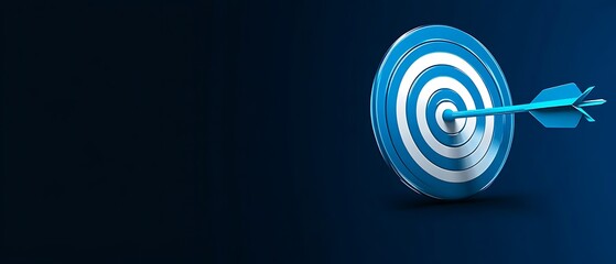 A blue and white target with an arrow hitting the bullseye on a dark blue background
