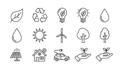 A collection of minimalist line icons representing concepts related to sustainability, including nature, conservation, renewable energy, and eco-friendly practices