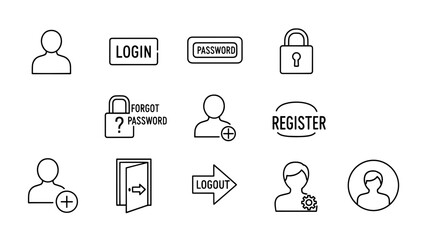A collection of minimalist, line-art icons related to account management and user interface elements, including login, password, and security