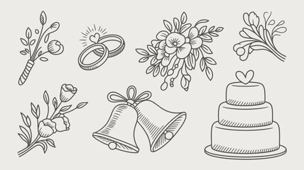 Wedding icons including rings, flowers, cake, and bells