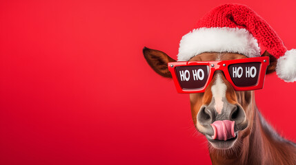 A funny horse wearing a Santa Claus hat and cool glasses sticks out its tongue. New Year's card or wallpaper for the Year of the Horse with space for text.
