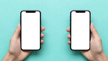 Two hands holding smartphones with blank white screens on a teal background