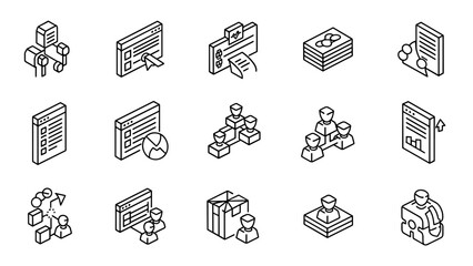 A collection of isometric vector illustrations in a minimalist black and white line art style representing various concepts