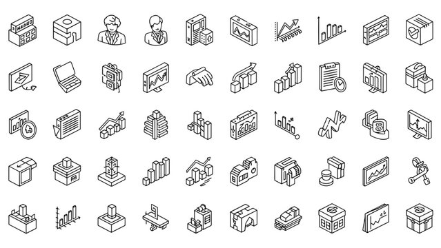 A collection of isometric vector icons related to business and finance, shown in a clean, minimalist style