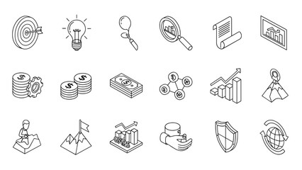 A collection of isometric monochrome icons, encompassing goals, ideas, finances, growth, teamwork, and environmental themes