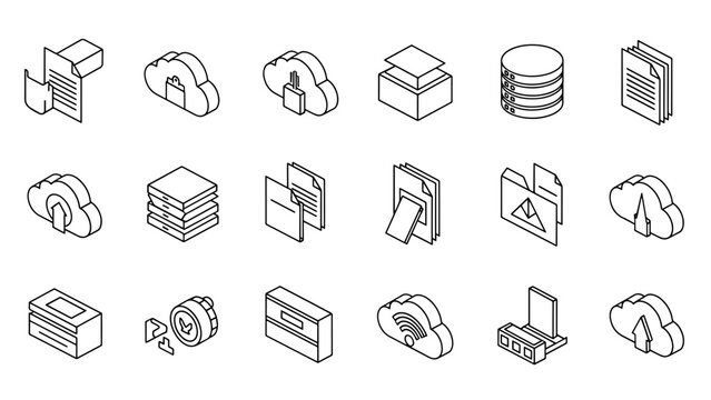 A collection of isometric illustrations, consisting of file folders, servers, clouds, and data related icons
