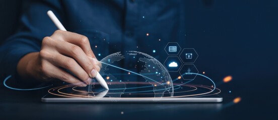 Business and Digital transformation concept.Using digital tablet with big data and networking, internet global network connection, Data science, futuristic, innovative, Abstract technology background